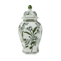 14" Primrose Lotus Green & White Chinoiserie Temple Jar with Lid