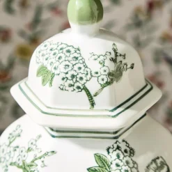 14" Primrose Lotus Green & White Chinoiserie Temple Jar with Lid
