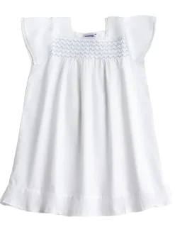 Amelia White Cotton Short Sleeve Dress with Blue Smocking
