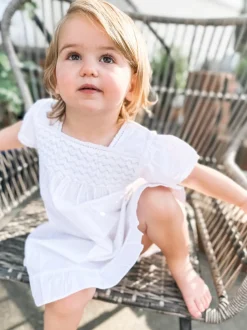 Amelia White Cotton Short Sleeve Dress with Blue Smocking