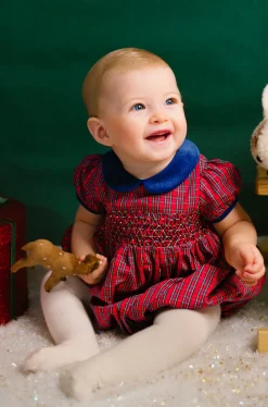 Angelica Red Tartan Short Sleeve Smocked Bubble