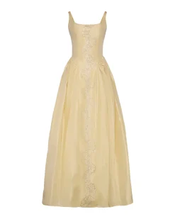 Antoinette Dress in Butter Yellow Taffeta with Ribbon Embroidery