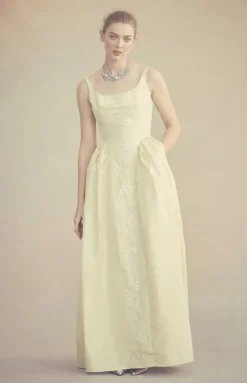 Antoinette Dress in Butter Yellow Taffeta with Ribbon Embroidery