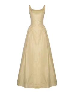 Antoinette Dress in Butter Yellow Taffeta with Ribbon Embroidery
