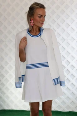 Ashby Dress in Bright White with Cadet Blue Stripe