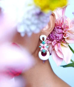 Asheville Earrings in White Enamel, Pink Opal, and Diamonds