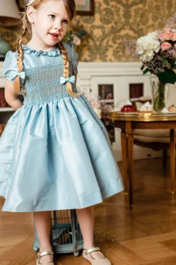 Astrid Blue Silk Smocked Girl Dress