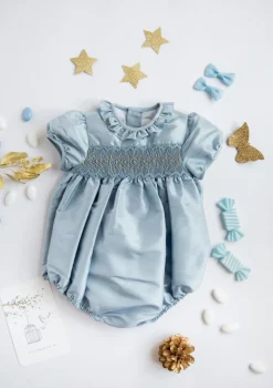 Astrid Blue Silk Smocked Baby Bubble