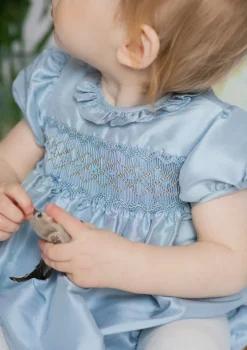 Astrid Blue Silk Smocked Baby Bubble