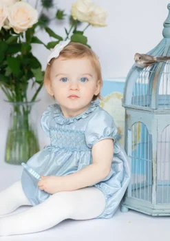 Astrid Blue Silk Smocked Baby Bubble