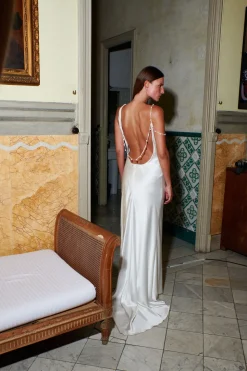 Asymmetric Cowl Dress with Pearl Straps | STYLE 019