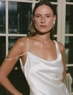 Asymmetric Cowl Dress with Pearl Straps | STYLE 019