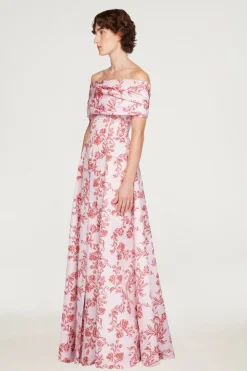 Auclair Dress In Pink Floral Damask Taffeta Faille