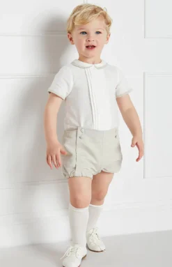 Baby Boy Celebration Bloomers and Linen Shirt Set in Beige