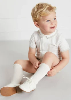 Baby Boy Celebration Bloomers and Linen Shirt Set in Beige