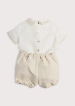 Baby Boy Celebration Bloomers and Linen Shirt Set in Beige