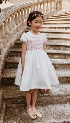 Bagatelle White/Pink Silk Handmade Smocked Dress
