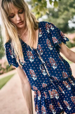 Bardot Top in Fall Floral Navy