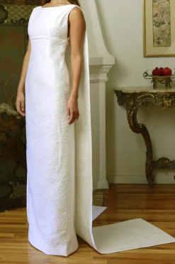 Bateau Neck Column Panel Back Gown in French White On White Brocade