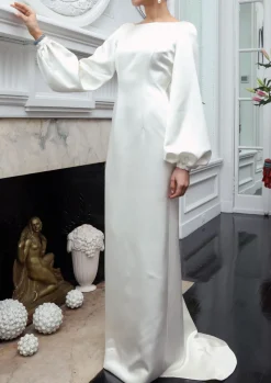 Bateau Neck Italian Silk Satin Full-Sleeve Draped Column Gown