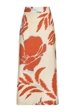 Beatrice Linen Midi Skirt in Ecru & Orange Gladiolos