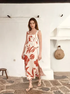 Beatrice Linen Midi Skirt in Ecru & Orange Gladiolos