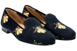 Bee Black Needlepoint Slipper