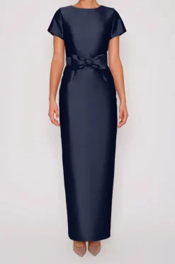Bella Silk and Wool Column Gown with Removable Bow Belt