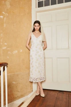 Bianca Beaded Lace Shift Dress With Side Slit