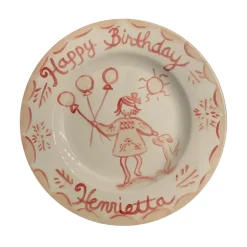 Birthday Plate Girl with Balloons and Dog in Pinks and Reds