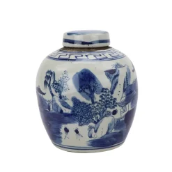 Blue and White Mini Jar with a Mountain and Tree