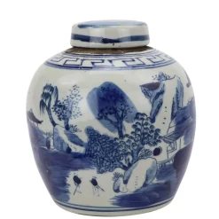 Blue and White Mini Jar with a Mountain and Tree