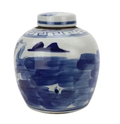 Blue and White Mini Jar with a Mountain and Tree