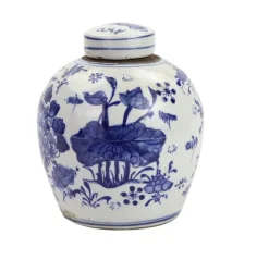 Blue and White Tiny Lid Mini Jar Peony Lotus Motif