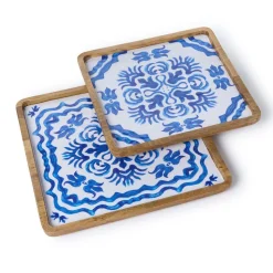 Blue Block Print Trays, Set of 2