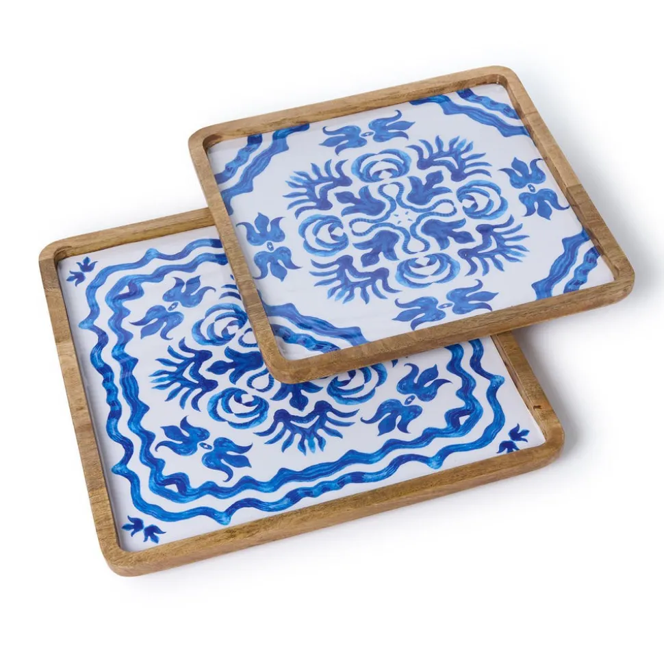 Blue Block Print Trays, Set of 2