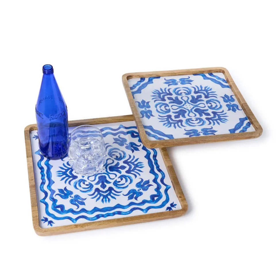 Blue Block Print Trays, Set of 2