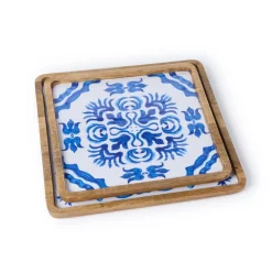Blue Block Print Trays, Set of 2