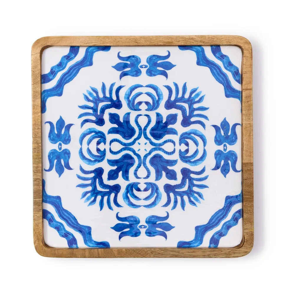 Blue Block Print Trays, Set of 2