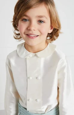 Boy's Double-Breasted Peter Pan Collar Silk Shirt in White
