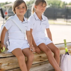 Boys White French Terry Shorts With Navy Trim