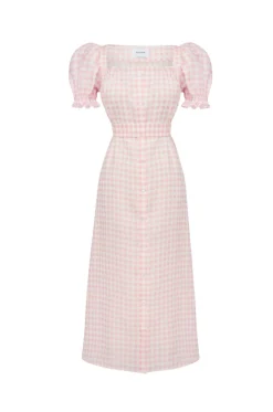 Brigitte Midi Linen Dress in Pink Vichy