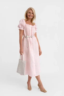 Brigitte Midi Linen Dress in Pink Vichy