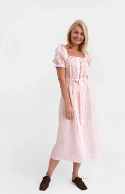 Brigitte Midi Linen Dress in Pink Vichy