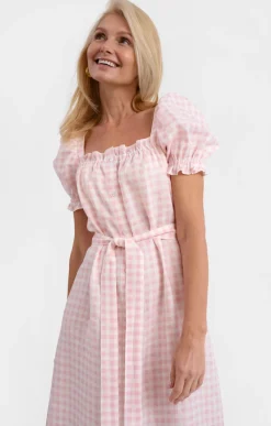 Brigitte Midi Linen Dress in Pink Vichy