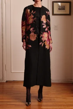Brocade Coat in Black Crepe with Pink & Gold Abstract Floral French Brocade