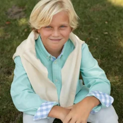 Brooks Button Down in Academy Green with Blue Gingham