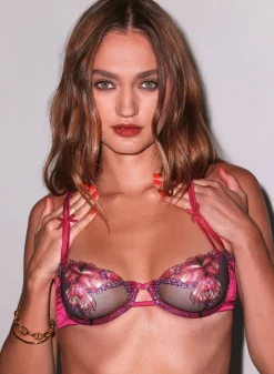 Butterfly Embroidery Balconette Bra in Cerise