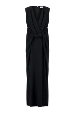 Cady V-Neck Draped Twist Belt Dress in Black