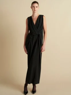 Cady V-Neck Draped Twist Belt Dress in Black